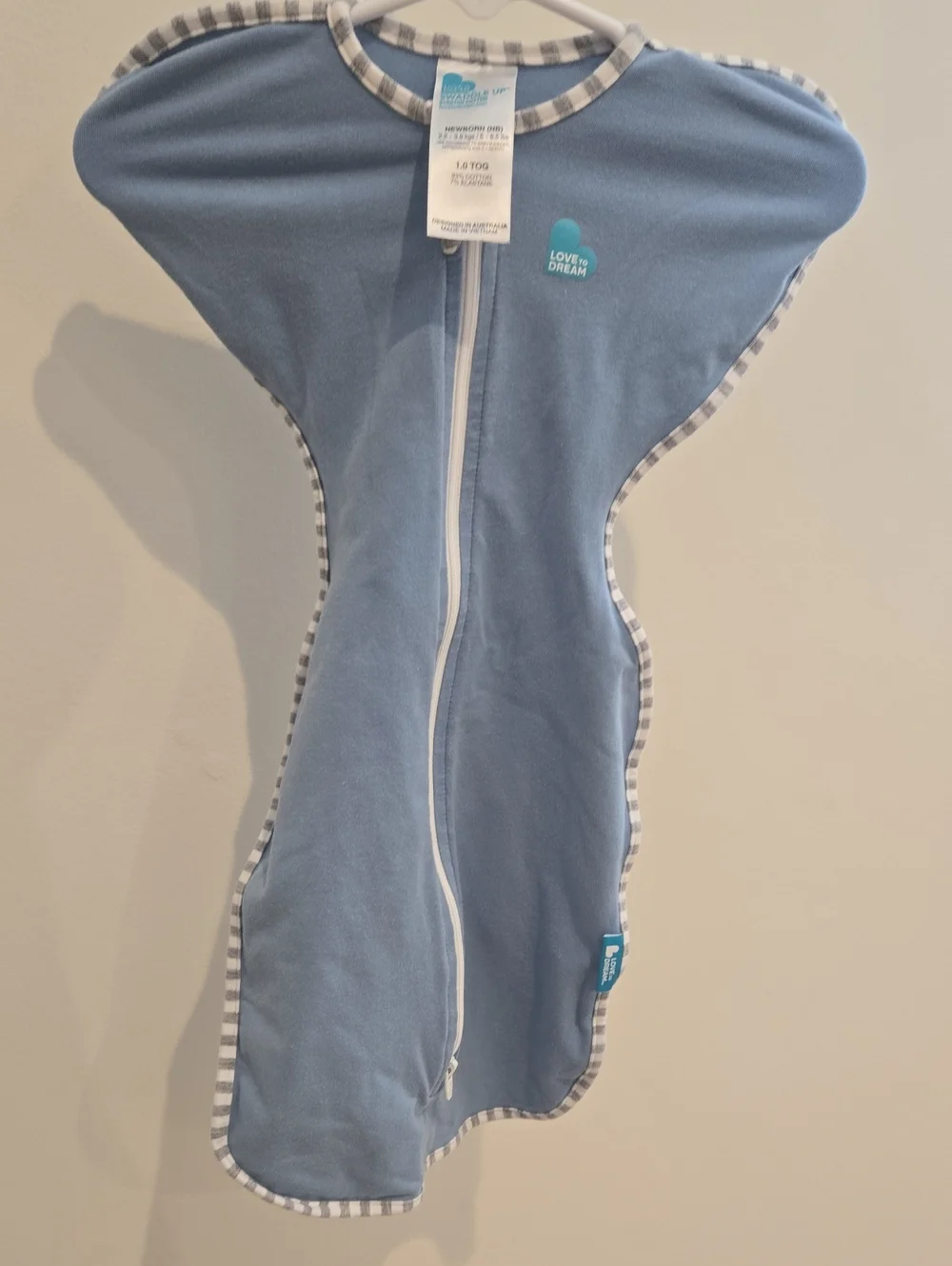 Love to dream Light Blue Swaddle One-Piece with Striped Trim